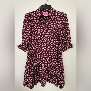 Kate Spade NY Floral Puff Sleeve Drop Waist Mini Dress Burgundy Pink M